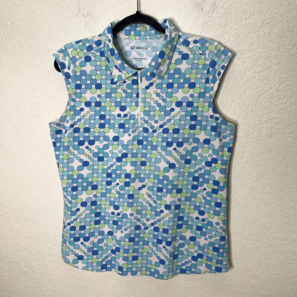 IBKUL Women's L Golf Polo Shirt Blue Green Dot Print 1/4 Zip Sleeveless